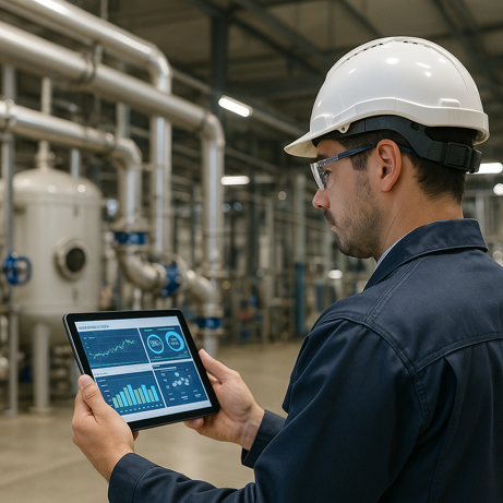 man in hard hat reviewing iiot metrics on a tablet