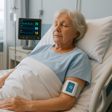 patient wearing vital sign monitor on arm