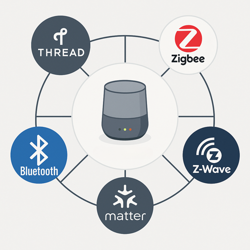 Smart home protocol ecosystem map showing Zigbee, Z-Wave, Thread, Matter and Wi-Fi connections