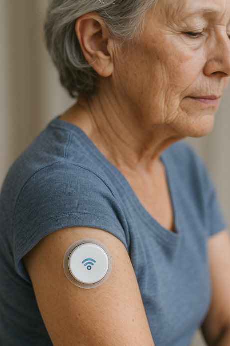 elderly woman wearing continuous glucose monitor