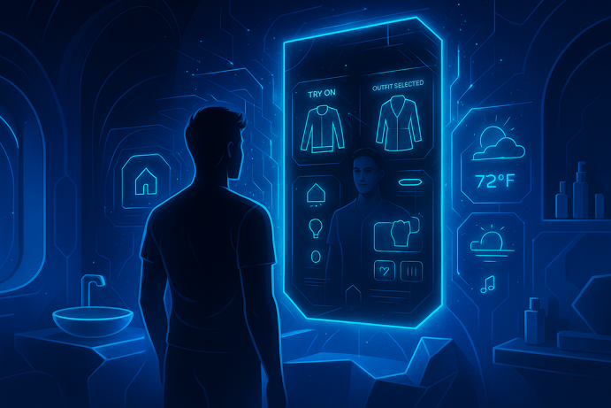 person looking at a futuristic smart bathroom mirror