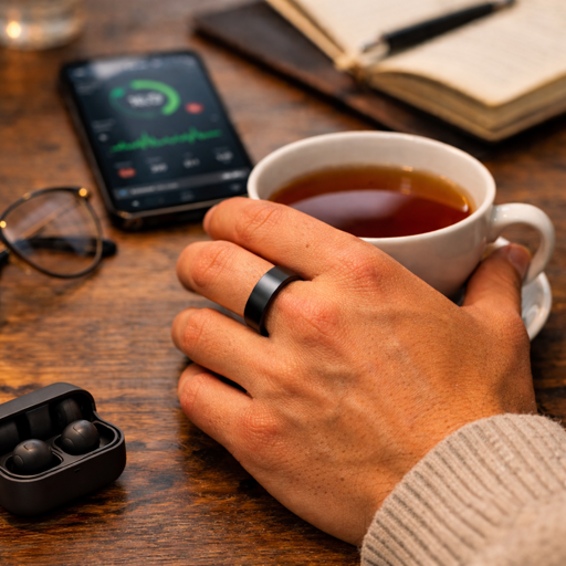 person wearing black smart ring while holding tea, with smartphone displaying health tracking data