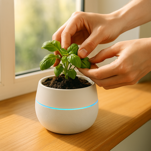 planting herbs in a smart plant pot