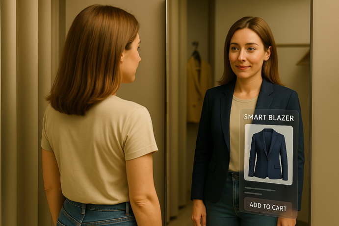 woman virtual try-on blazer in retail smart mirror