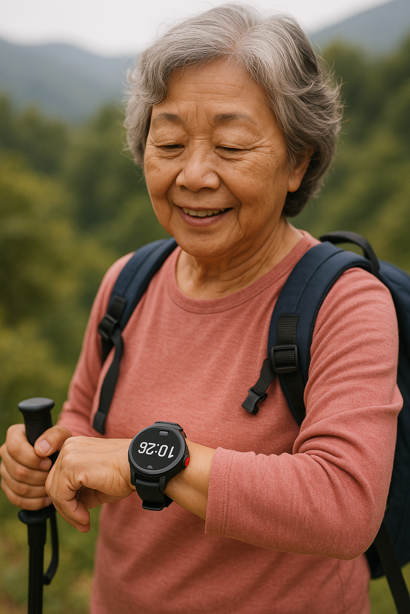 elderly woman wearing senior smartwatch