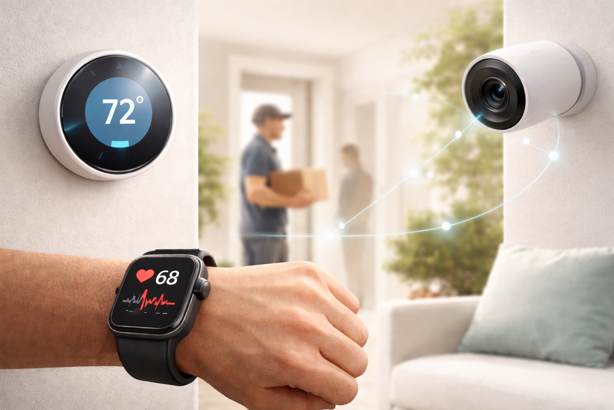 aiot smart home devices including a learning thermostat, health smartwatch and ai security camera