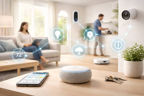 aiot smart home ecosystem with connected devices, including a smart speaker, security camera and video doorbell