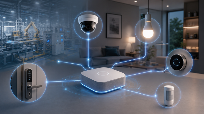 local smart home hub connecting camera, smart bulb, smart lock, thermostat and motion sensor with factory floor in background