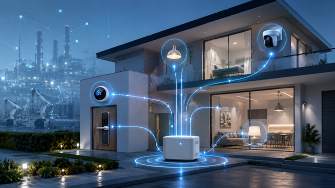 smart home hub connecting thermostat, smart lock, light and security camera with industrial facility in background