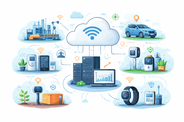 iot sensor ecosystem with industrial, automotive, smart home and wearable devices connected to cloud