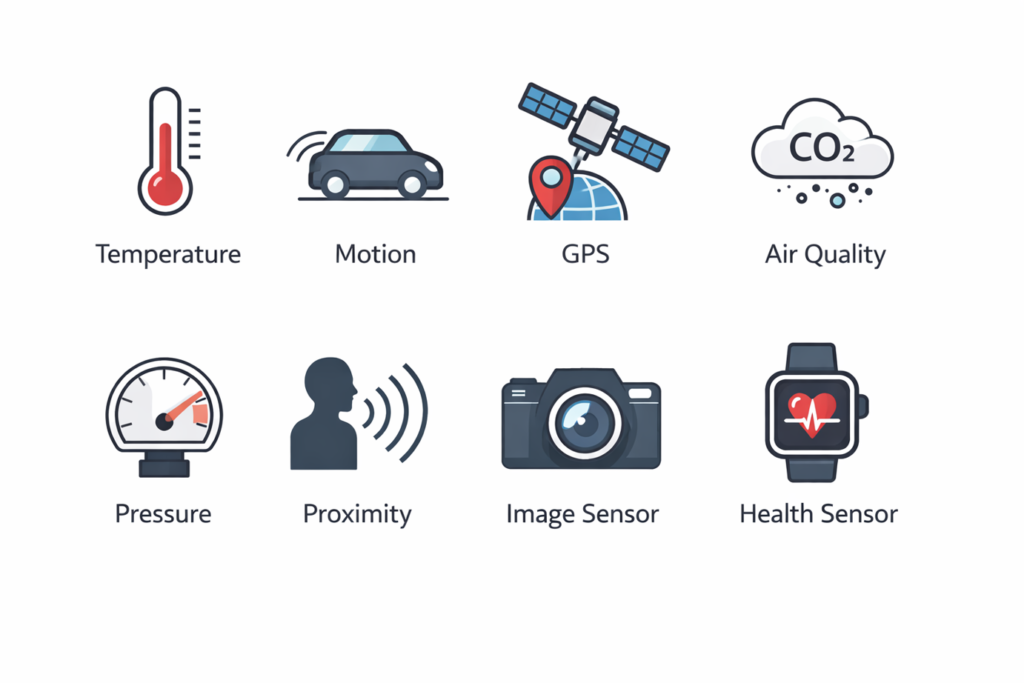 eight iot sensor types: temperature, motion, GPS, air quality, pressure, proximity, image and health sensors