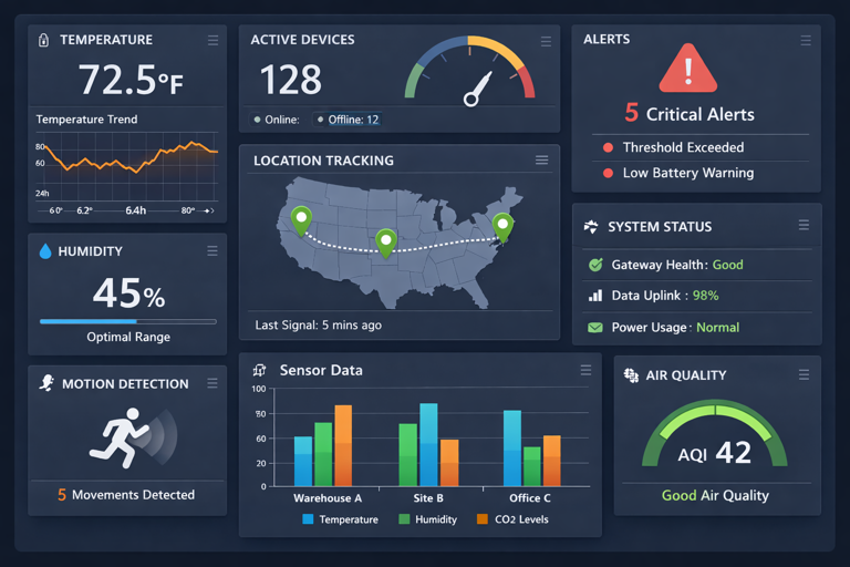 iot monitoring dashboard displaying temperature, humidity, motion detection, gps tracking, air quality and system alerts