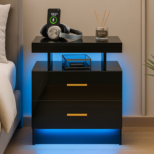 SKKTKT LED smart nightstand with 24-color RGB lighting system and wireless charging