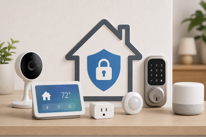 smart home security devices including camera, smart lock, motion sensor and smart plug