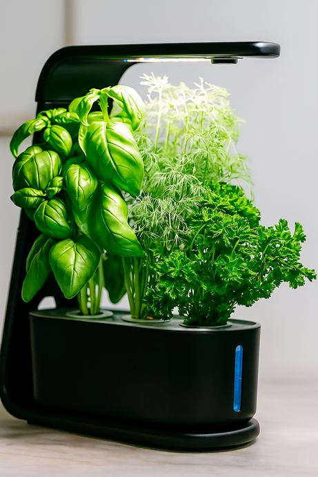 AeroGarden Sprout indoor herb garden kit on modern kitchen counter with fresh basil growing