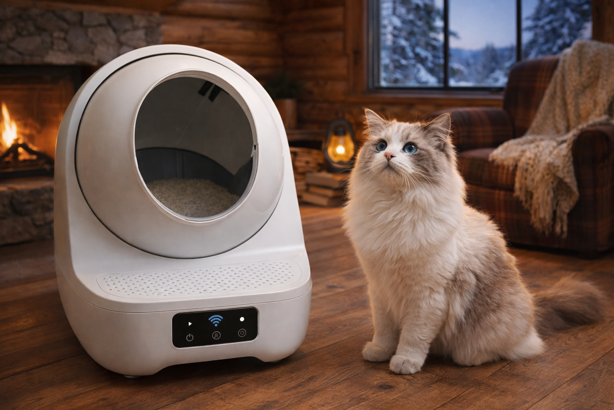 automatic litter box with cat in cabin setting