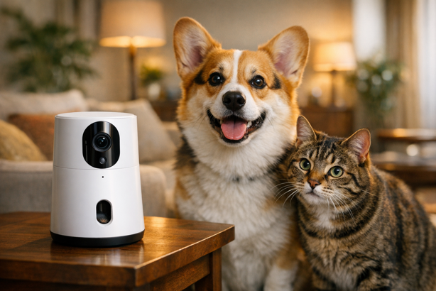 cat and dog next to a smart pet camera