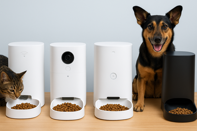 cat and dog with smart pet feeders
