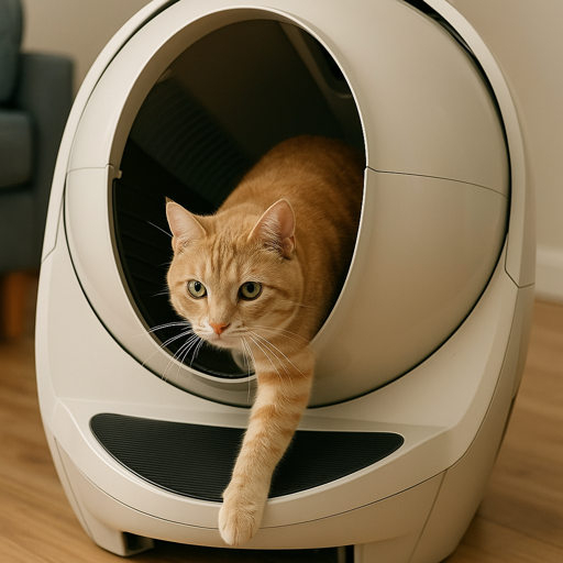 cat leaving a smart litter box after use