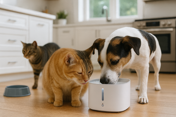 cats and dog with traditional water bowl and smart water fountain