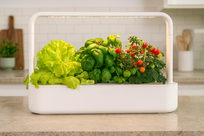 Click and Grow Smart Garden 9 PRO indoor hydroponic herb garden with LED lights on elegant counter