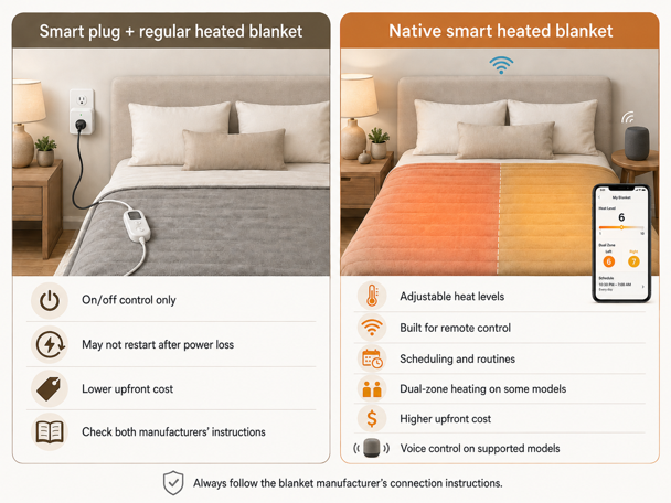 comparison of smart plug with regular blanket versus native smart heated blanket features