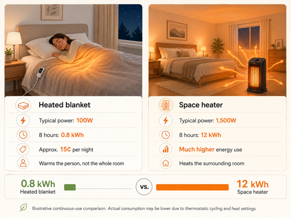 energy use comparison of smart heated blanket versus space heater showing kwh and cost per night