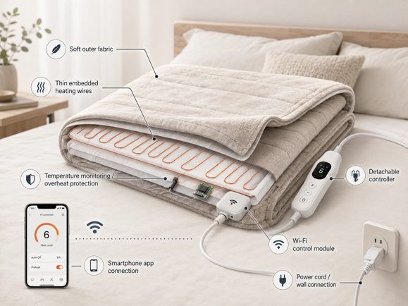 exploded diagram of smart heated blanket showing heating wires, wifi module, controller and safety features