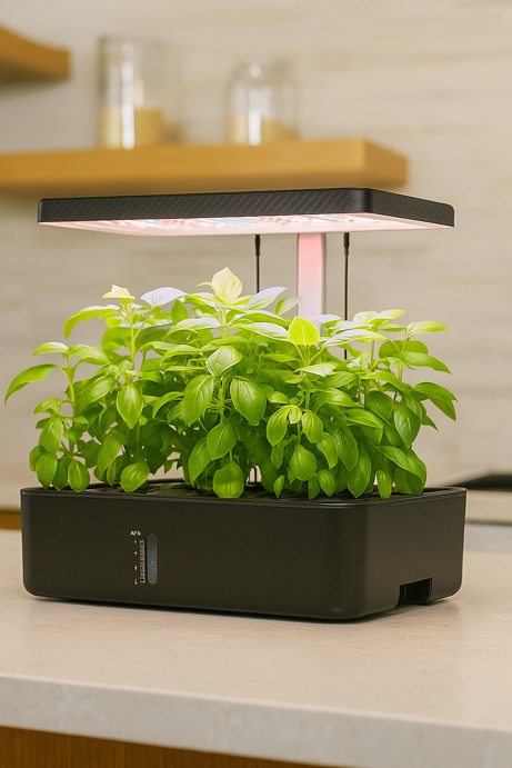 iDOO 12 pod countertop hydroponic system with lettuce and herbs growing indoors