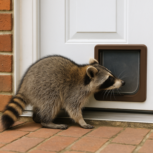 raccoon sniffing traditional pet door