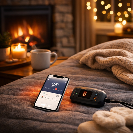 smart heated blanket controller and smartphone app showing temperature control