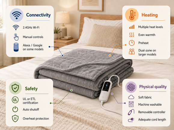 smart heated blanket feature checklist covering connectivity, heating, safety and physical quality