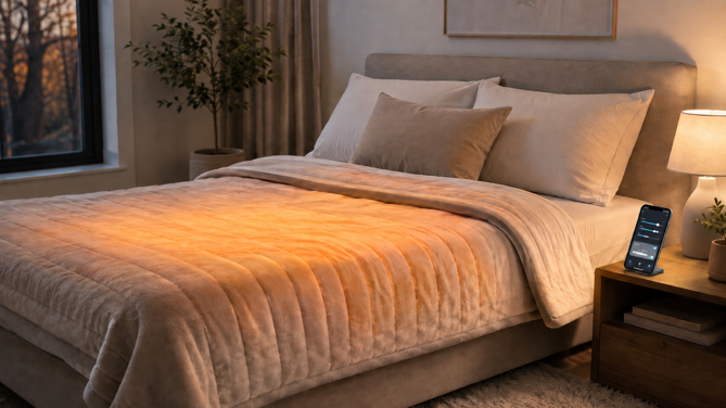 smart heated blanket glowing on bed with smartphone app controls on nightstand