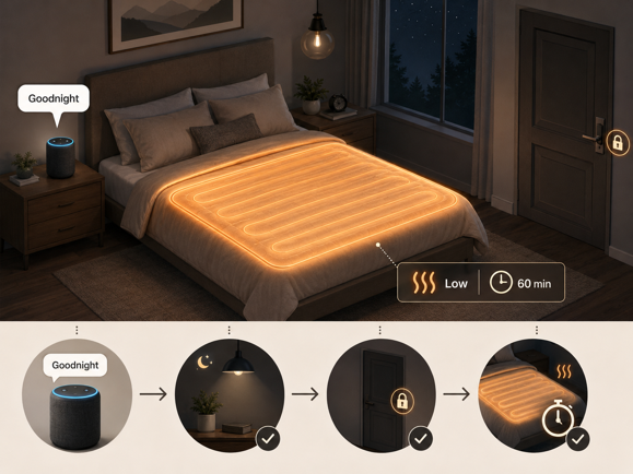 smart heated blanket goodnight routine turning off lights, locking doors and starting low heat cycle