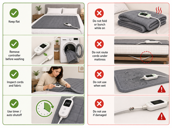 smart heated blanket safety dos and donts including folding cords and water exposure