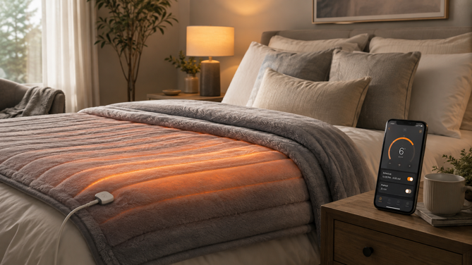smart heated blanket with smartphone app showing heat level and schedule settings