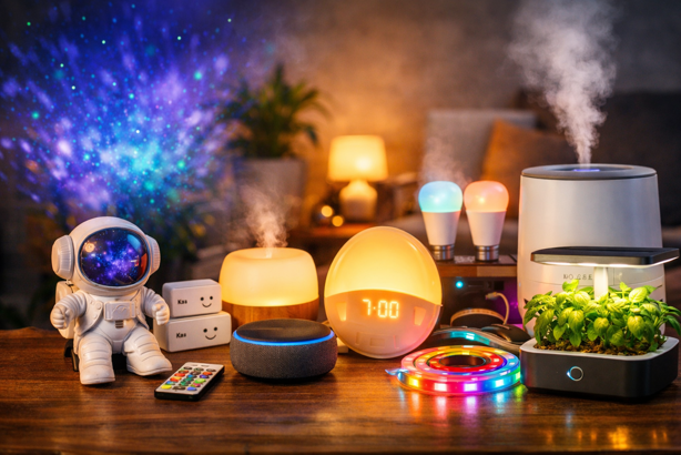 budget smart home gifts under $75 arranged on a table with colorful ambient lighting