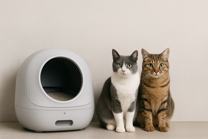 smart litter box and two cats