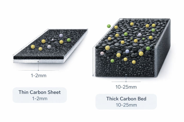 thin carbon sheet versus thick carbon bed filter comparison showing 1-2mm versus 10-25mm depth