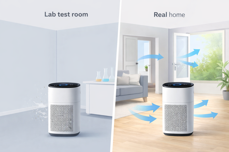 air purifier lab testing conditions compared to real home environment with air leakage
