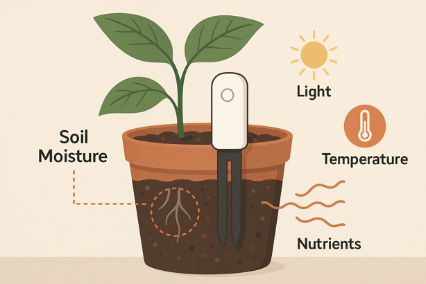 cross-section of smart plant monitor in pot