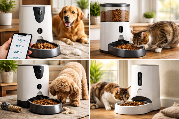 pets eating from automatic feeders