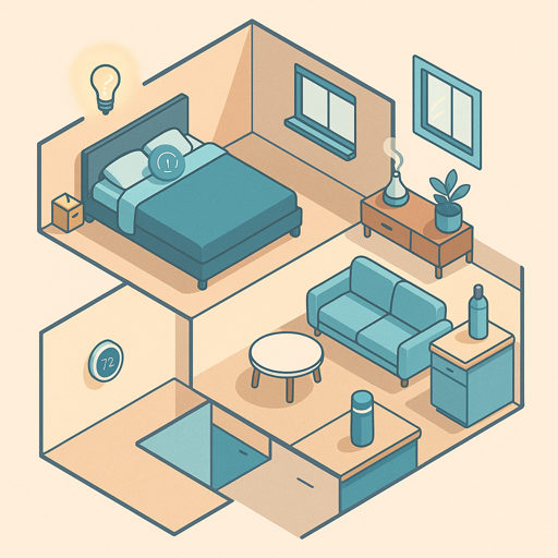 smart home wellness devices in modern apartment including air purifier, water bottle and smart lighting