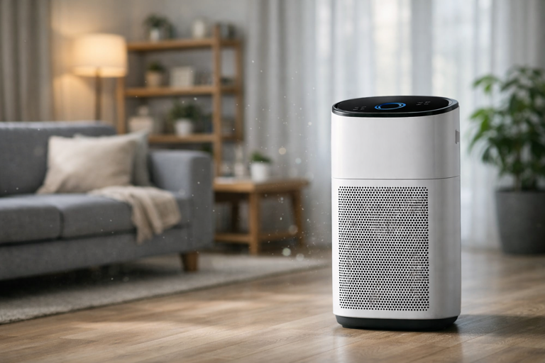 smart air purifier in modern living room showing proper placement with clearance from walls and furniture