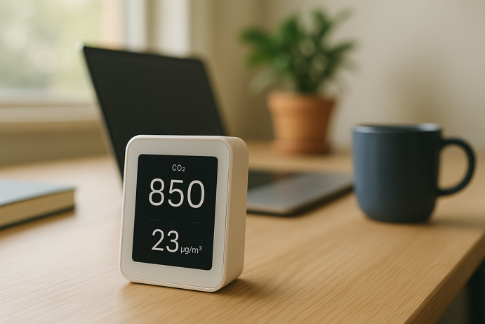 smart air quality monitor on a desk