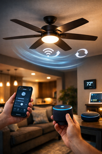 smart ceiling fan controlled by smartphone app and voice assistant in modern living room