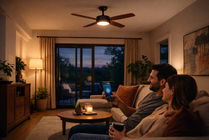 smart ceiling fan in a modern living room