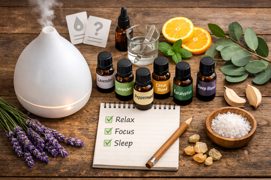 smart diffuser, essential oils and a notepad showing benefits