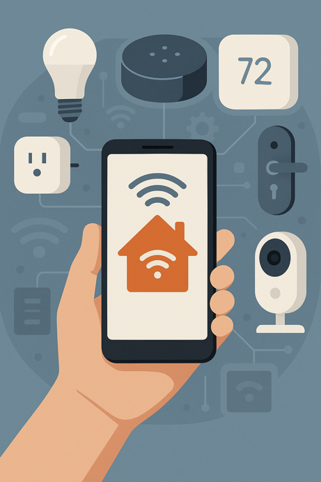 smart home devices including light bulb, speaker, thermostat, plug, lock and camera connected to smartphone control app