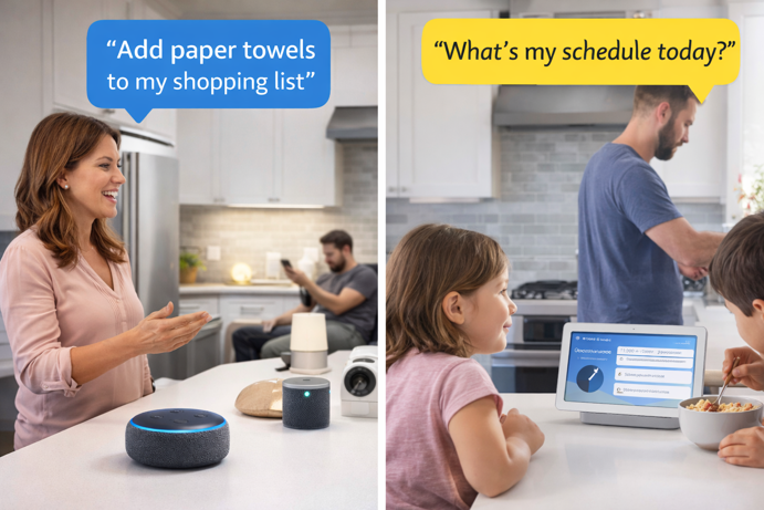 split comparison showing alexa adding items to shopping list versus google home displaying calendar schedule